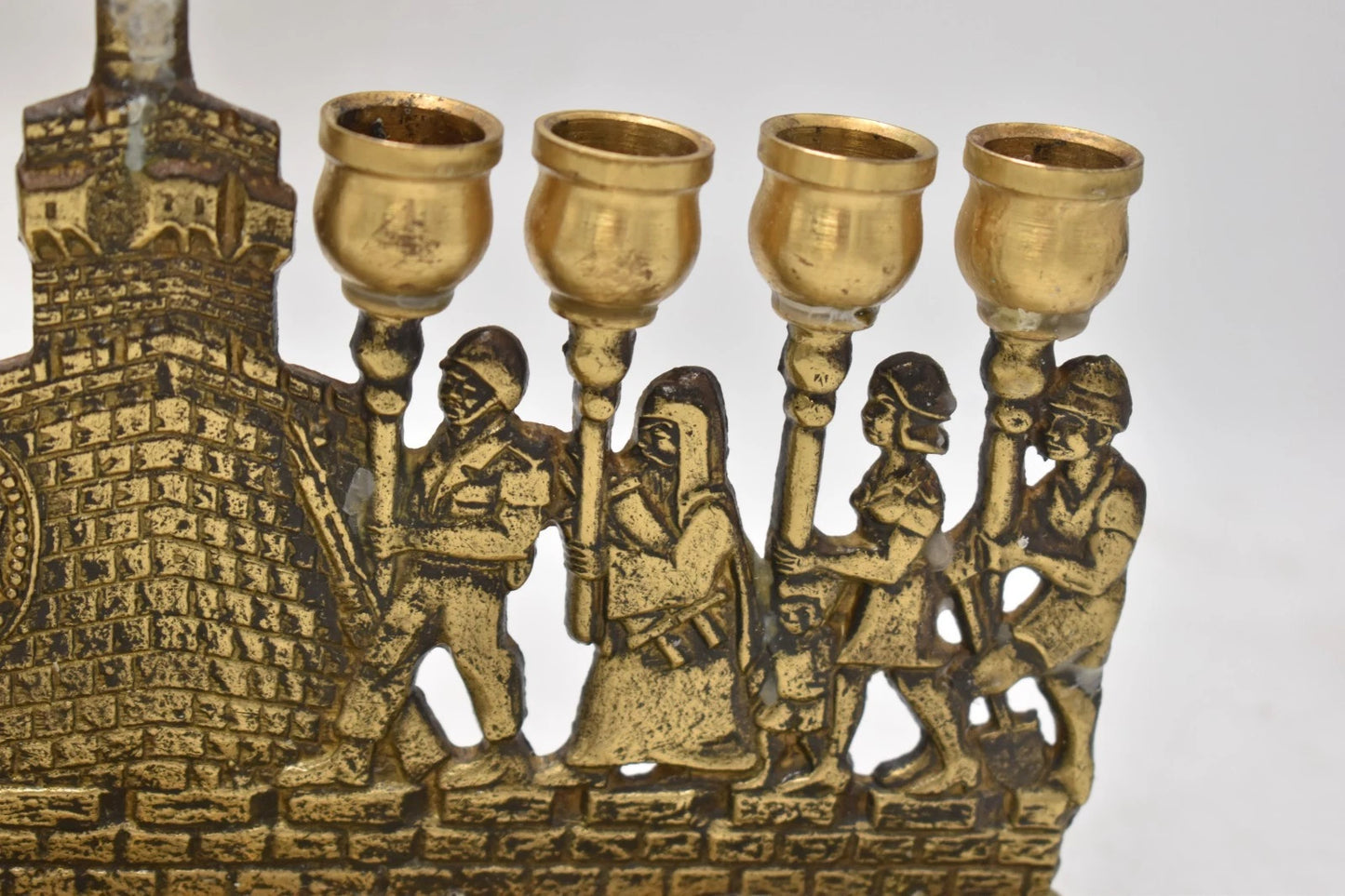 Antique Biblical Zionist Brass Hanukkah Menorah Lamp Judaica Candlestick