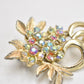 Vintage 1950s Gold Tone Aurora Borealis Rhinestone Floral Brooch