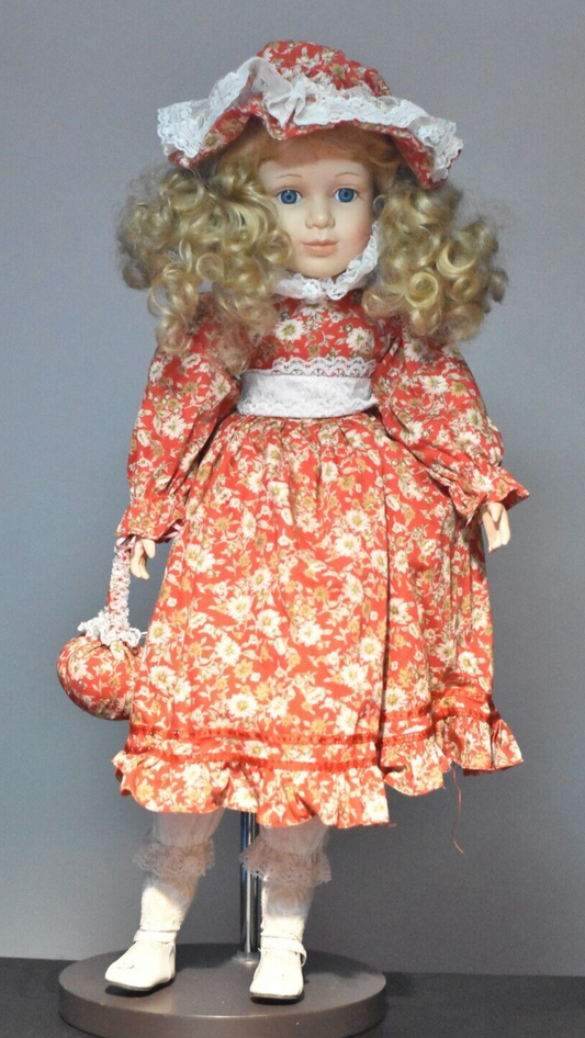 Vintage Large Lifelike Porcelain Doll – 70cm – Blonde Hair, Blue Eyes, Red Dress