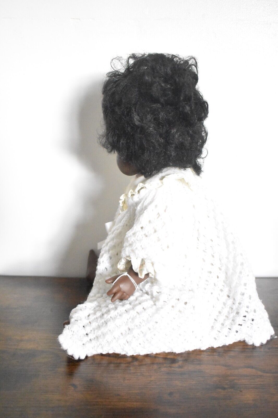 Vintage 1970's Hard Plastic Black Baby Blinking Doll Knitted Cardigan
