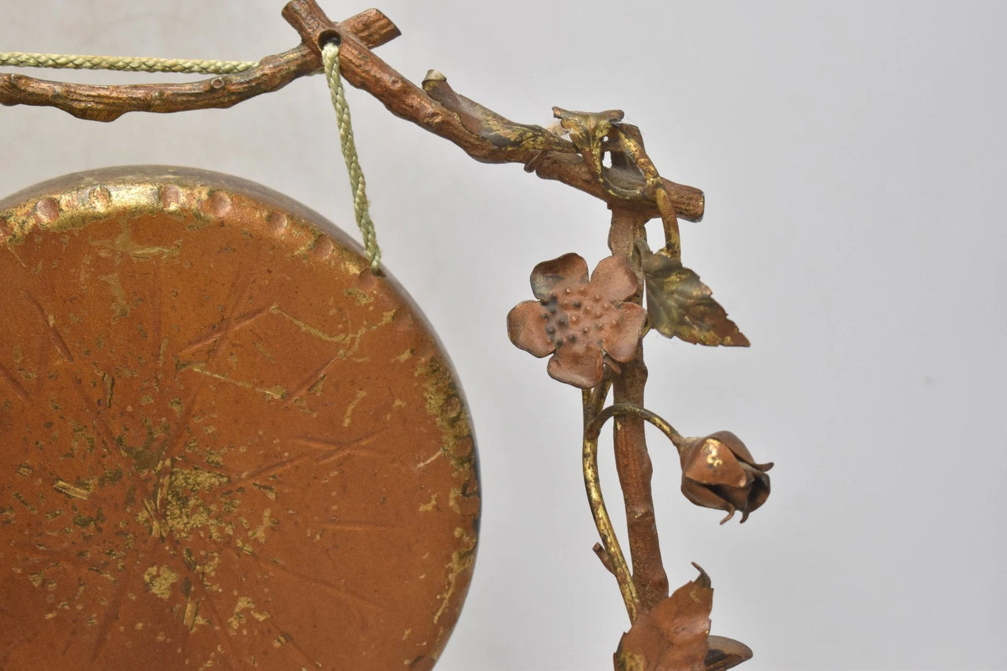 Antique Art Nouveau Brass Tabletop Dinner Gong Rose & Thorns with Striker