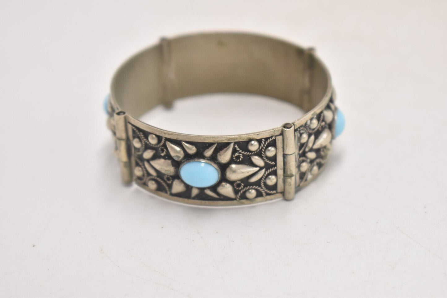 Vintage Sterling Silver and Turquoise Etruscan Revival Cuff Bangle Bracelet