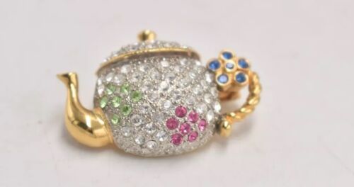 Vintage Teapot Brooch – Multi-Colour Rhinestone Costume Jewellery