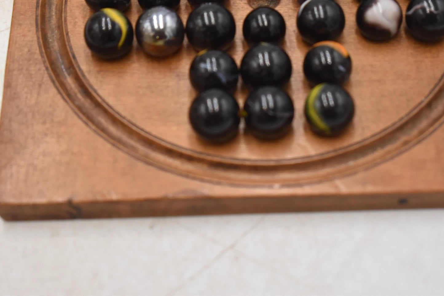 Antique Solitaire Wooden Board with Antique Hand Made Glass Marbles