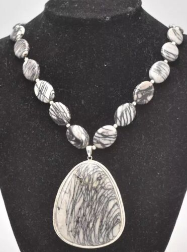 Vintage Sterling Silver 925 Picasso Spiderweb Jasper Pendant Necklace – 60cm
