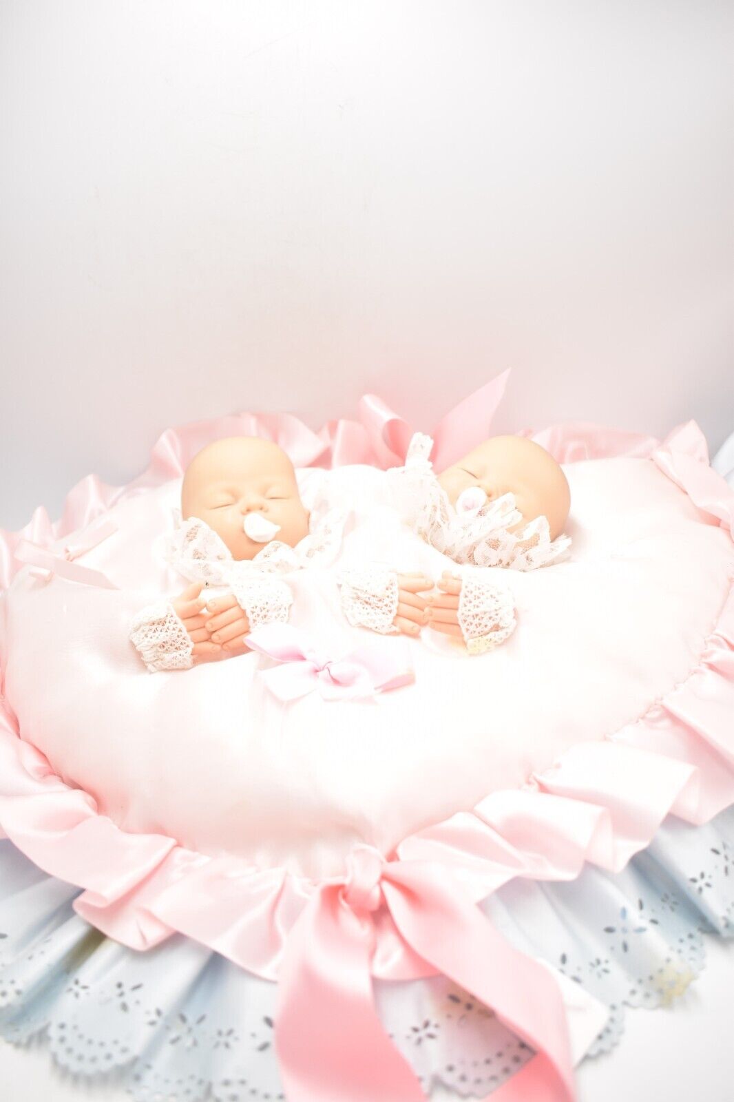 Vintage Life Like Twin Baby Dolls on Heart Pillow – 50cm x 35cm