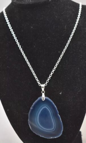 Vintage Sterling Silver 925 & Blue Agate Pendant Necklace – 80cm Chain