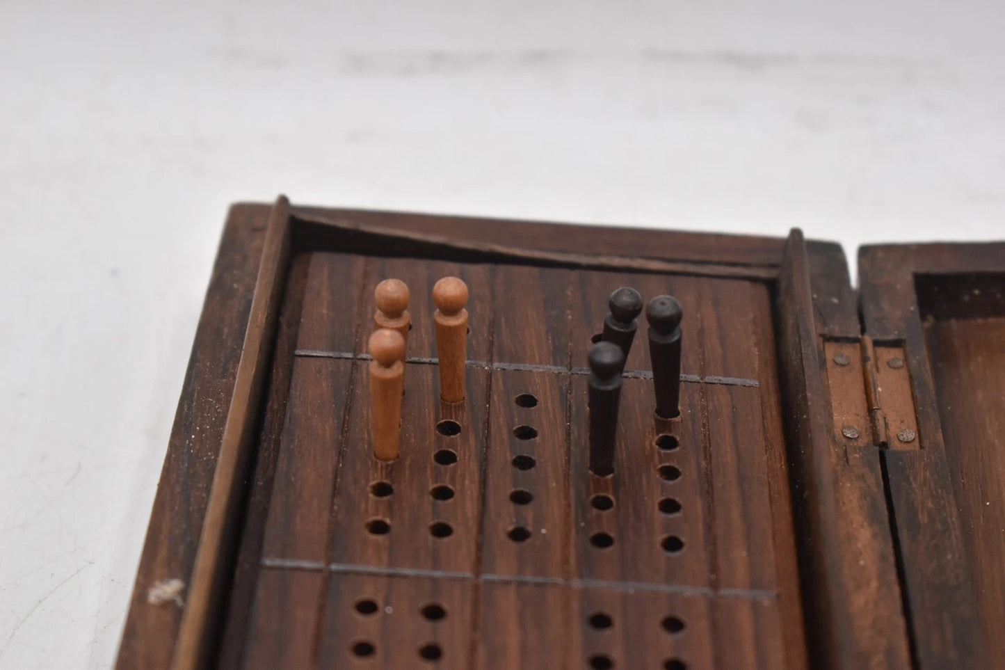 Antique Hand Carved Hardwood Cribbage Board with Storage Box