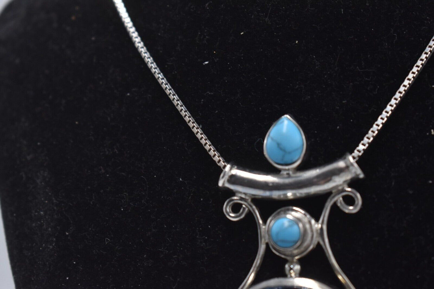 Vintage Bohemian 925 Sterling Silver Crackle Quartz & Turquoise Pendant Necklace
