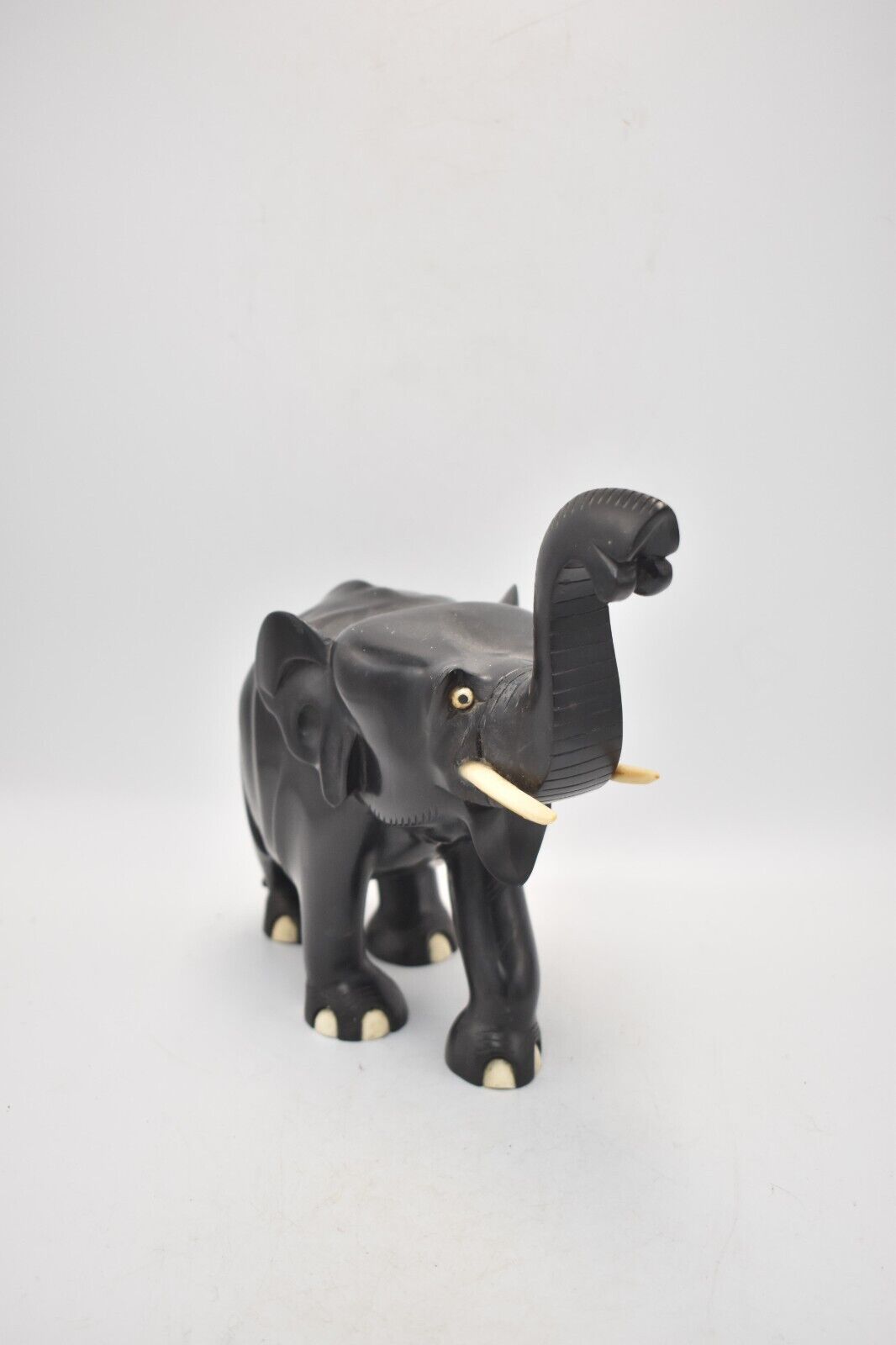 Antique Vintage Black Ebony Wood Elephant Statue – Hand-Carved Figurine – 1.4KG