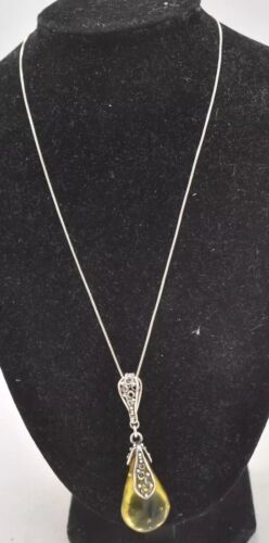 Vintage Sterling Silver 925 and Lemon Amber Modernist Pendant Necklace 45cm