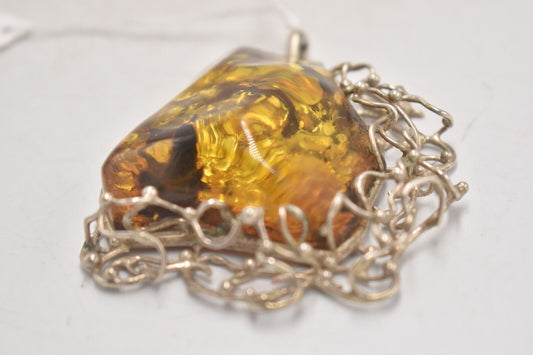 Vintage Sterling Silver 925 & Amber Modernist Large Pendant – 63g