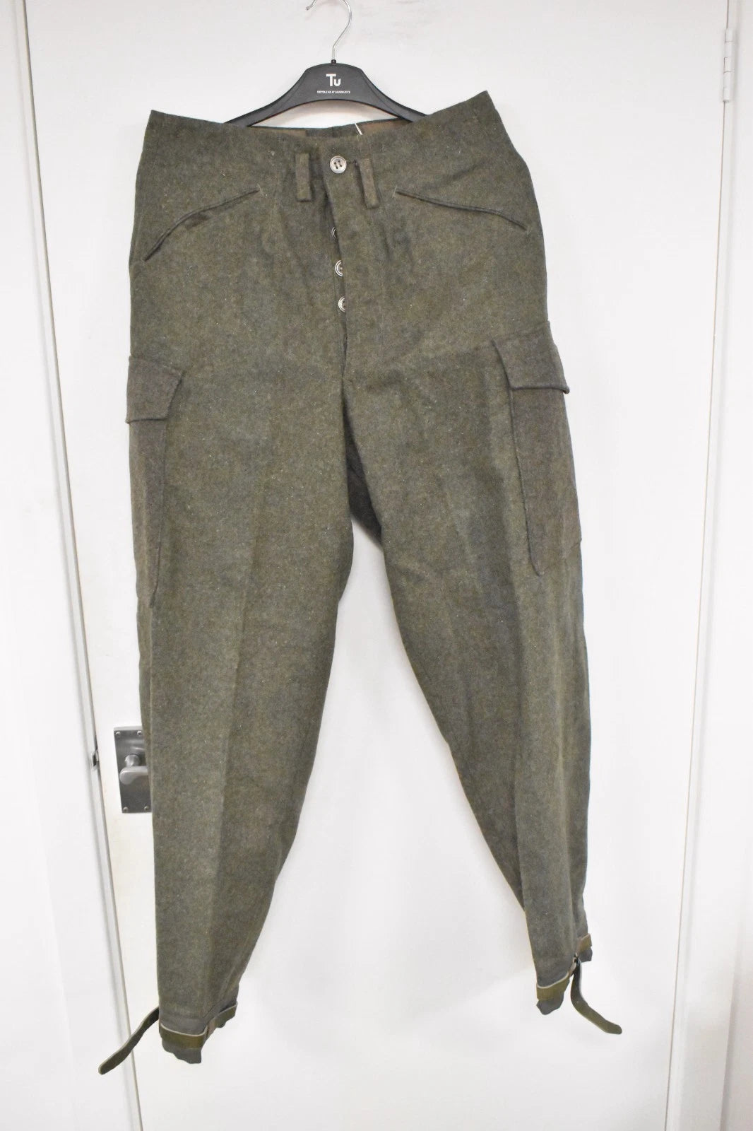 Swedish Army WWII Grey Wool Field Trousers 1940 Leather Straps Military Vintage