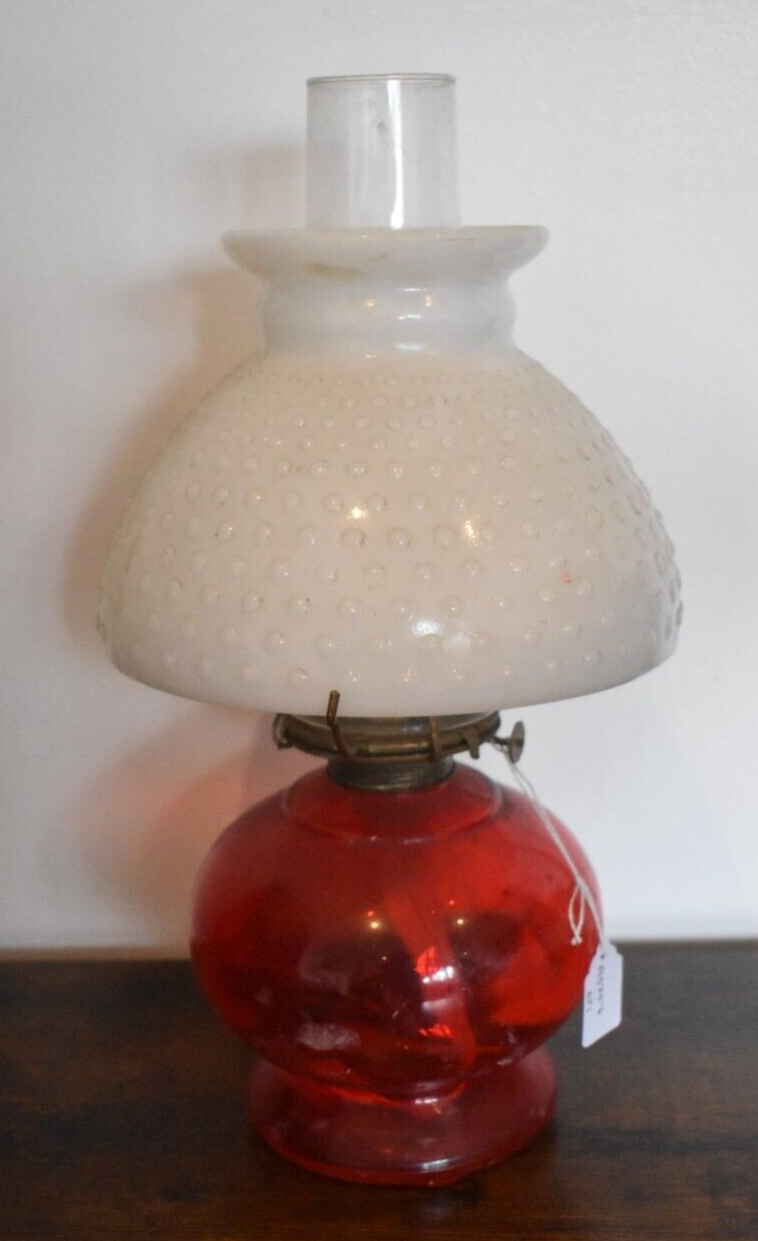 Vintage P&A Risdon Oil Lamp with Eagle Burner USA Ruby Red Glass and White Shade
