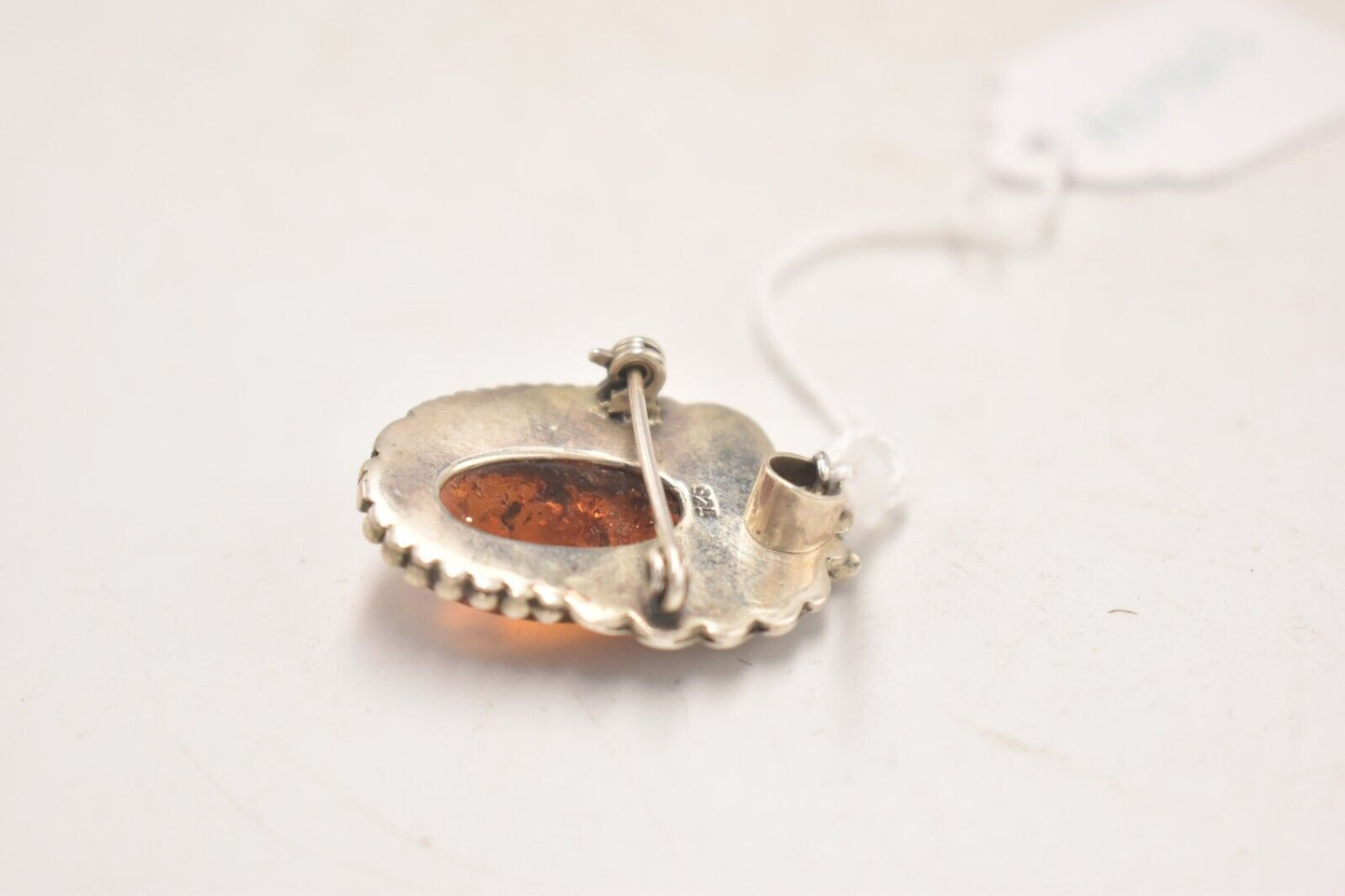 Vintage Amber and 925 Sterling Silver Ornate Brooch – Boho Design
