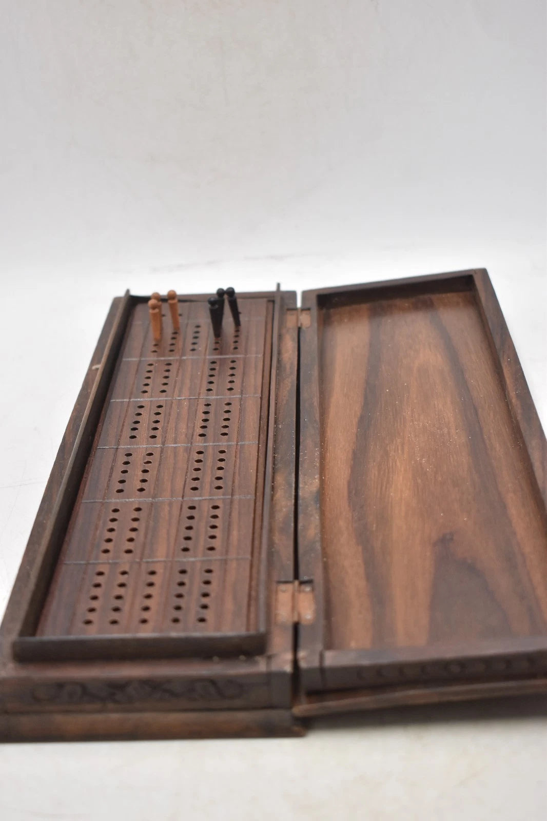 Antique Hand Carved Hardwood Cribbage Board with Storage Box