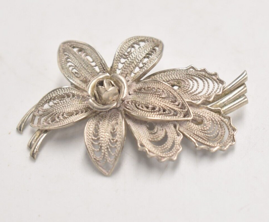 Vintage Silver Metal Filigree Floral Brooch – Costume Jewellery