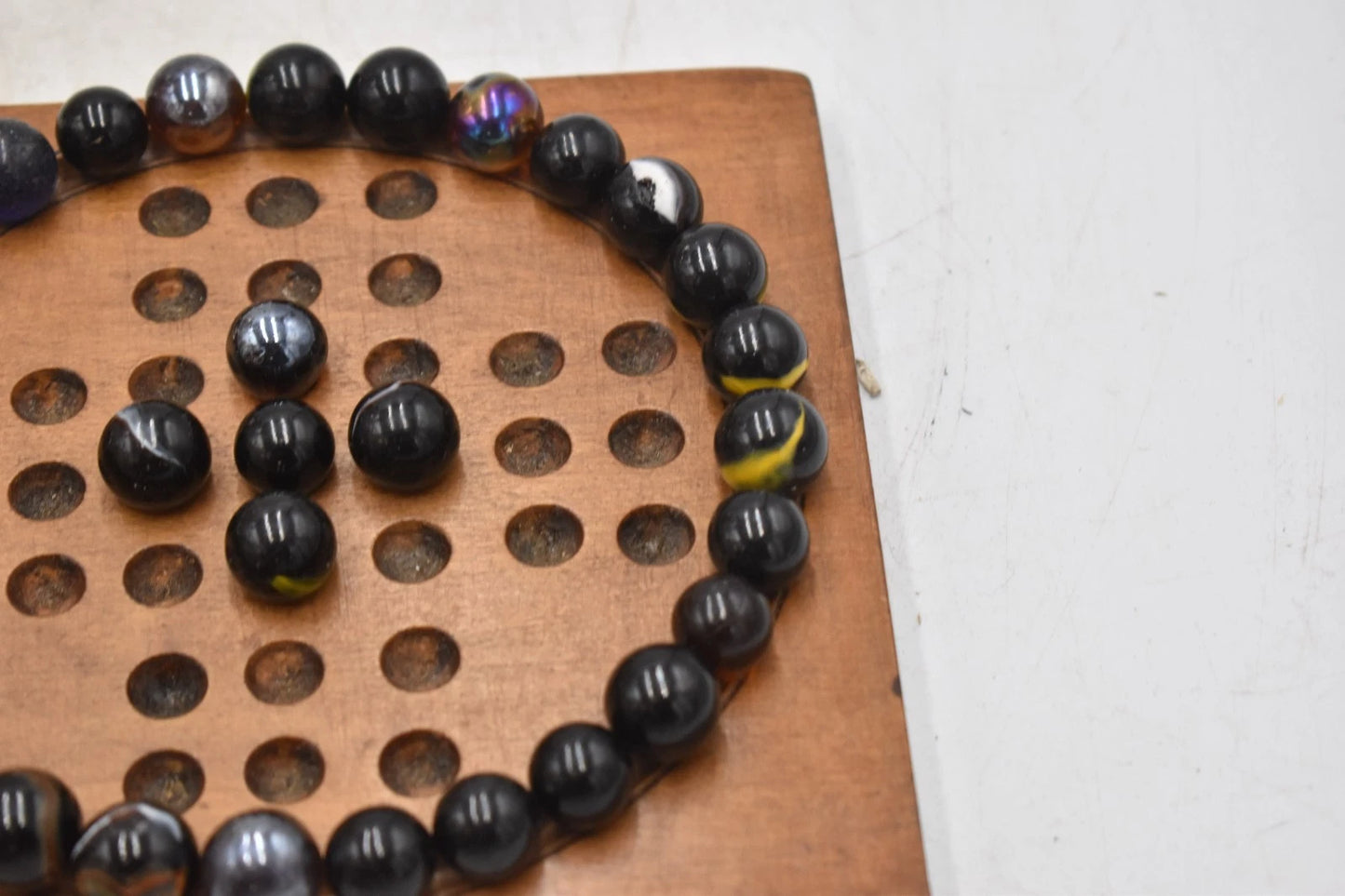 Antique Solitaire Wooden Board with Antique Hand Made Glass Marbles