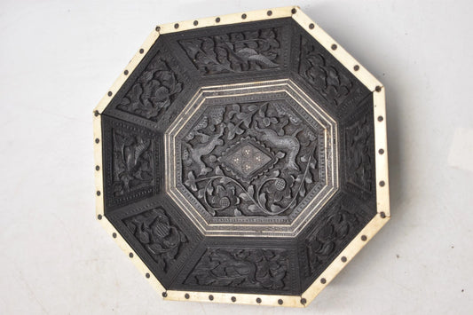Antique Anglo-Indian Hand Carved Ebony Octagonal Dish with Inlay 22.5cm