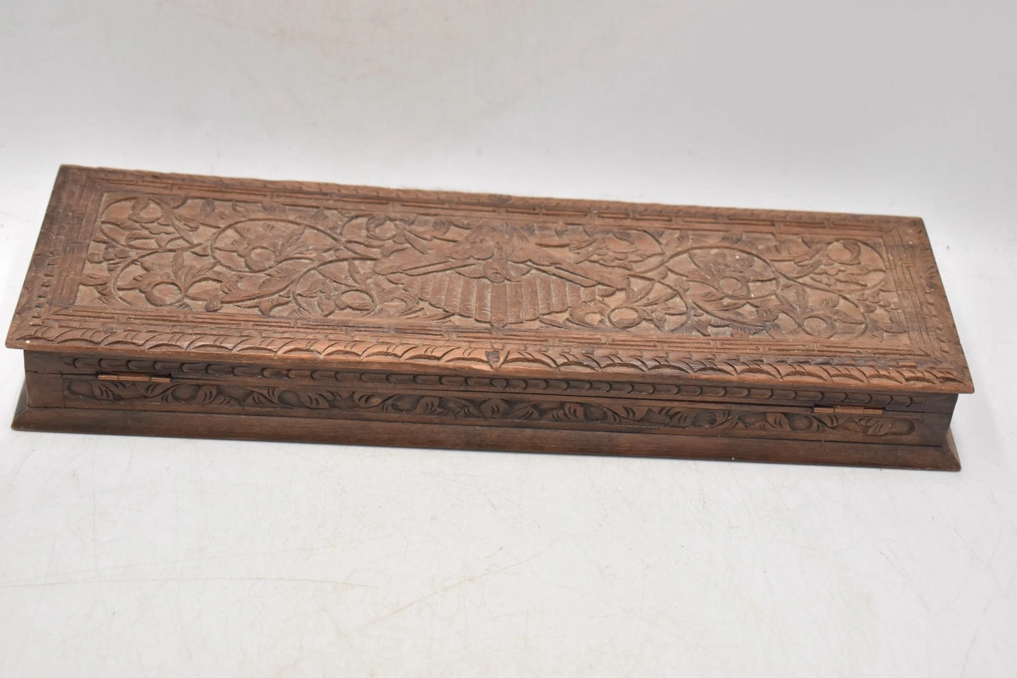 Antique Hand Carved Hardwood Cribbage Board with Storage Box