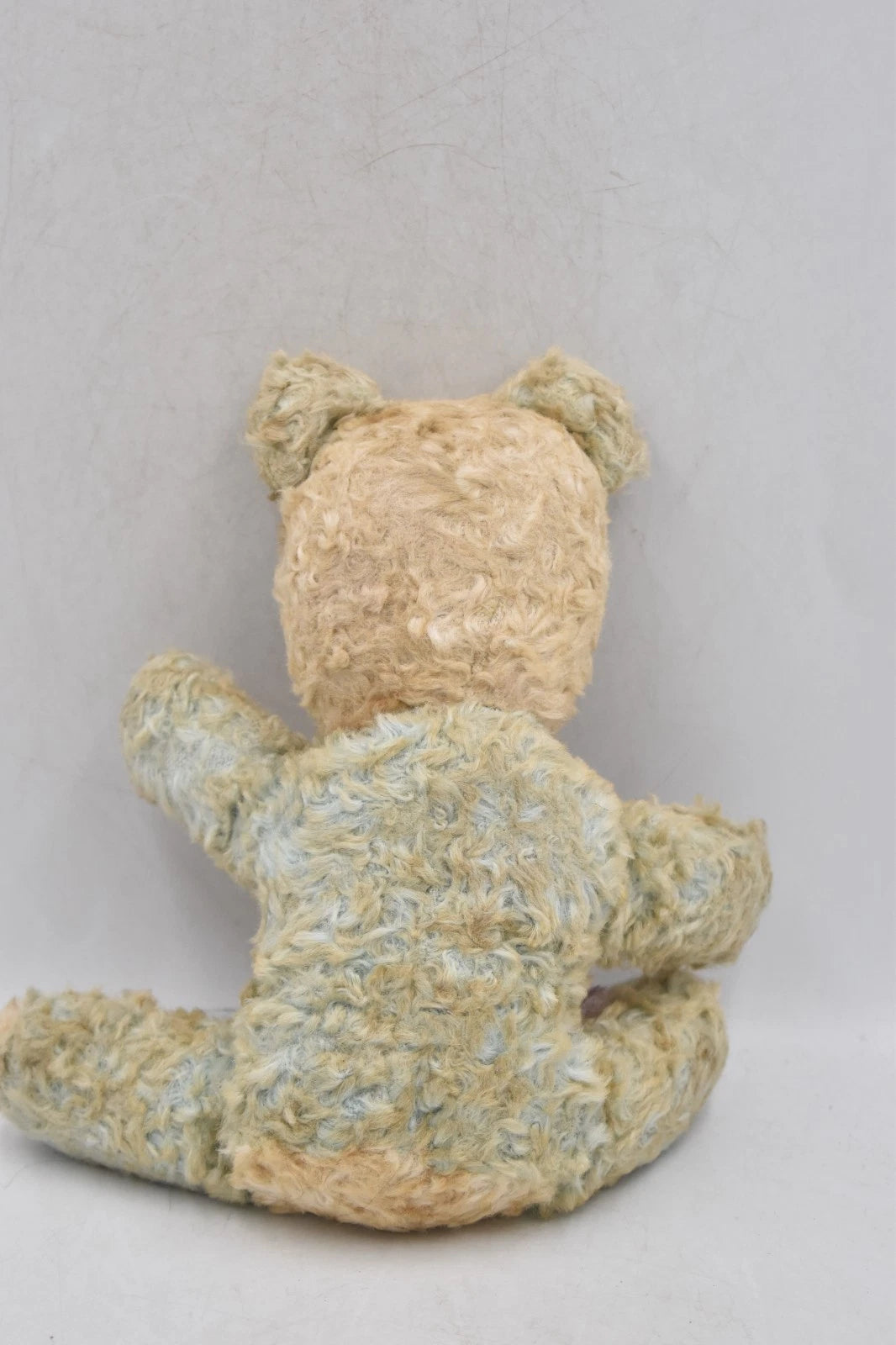 Vintage 1950s English Teddy Bear Blue White Plush Silk Ears Rattle 22cm