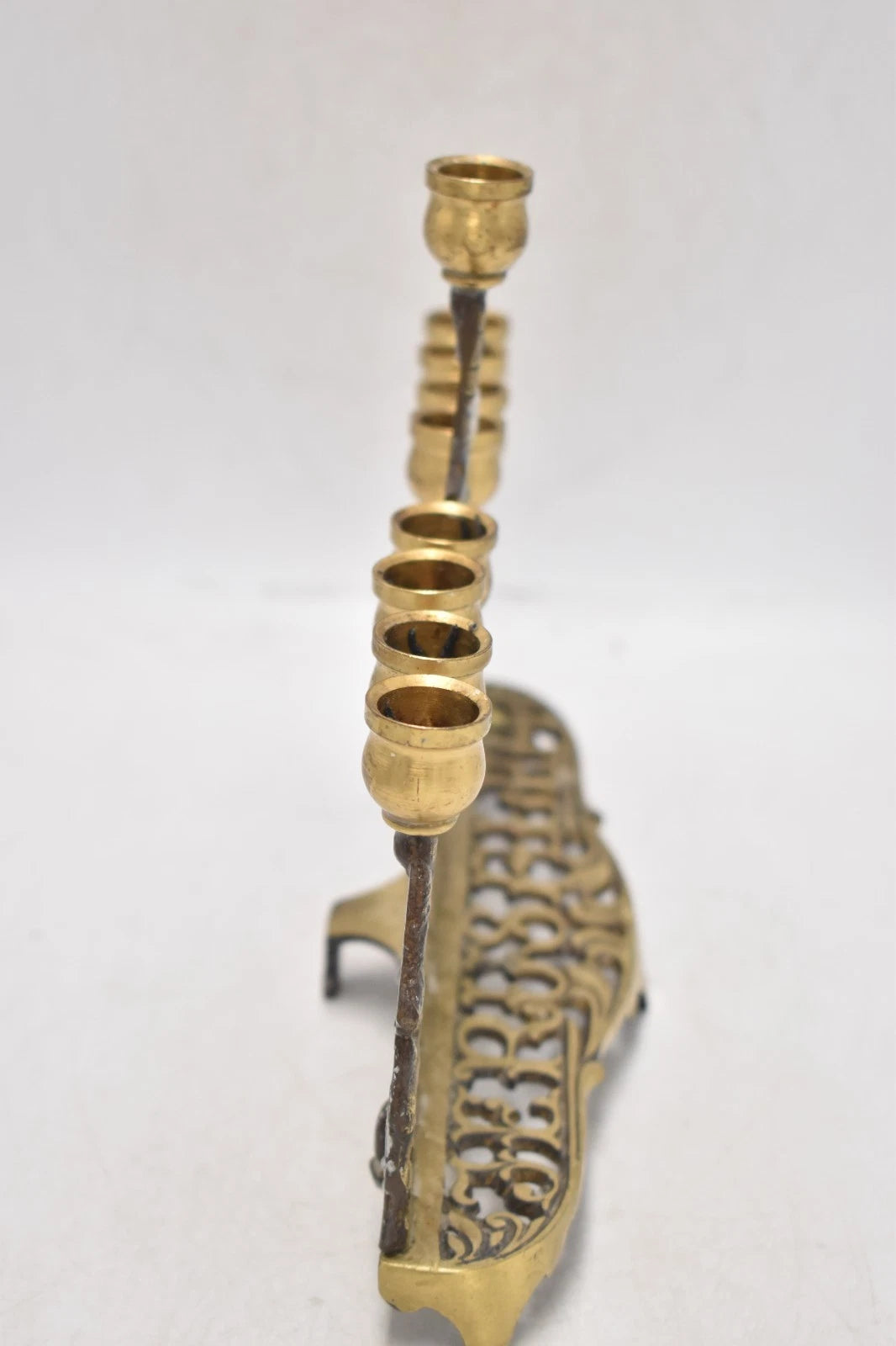 Antique Biblical Zionist Brass Hanukkah Menorah Lamp Judaica Candlestick