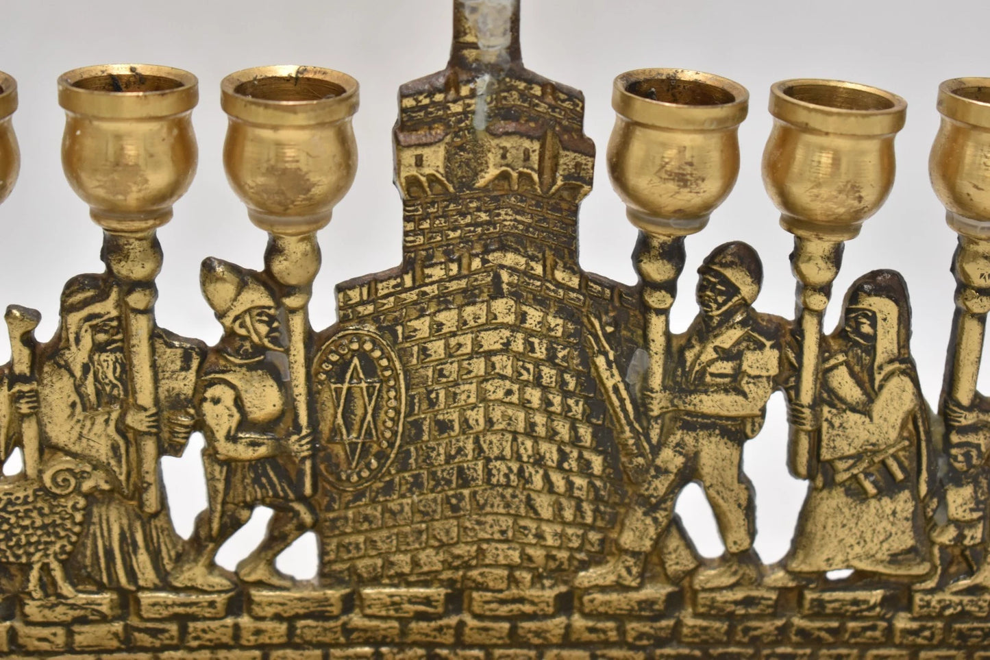 Antique Biblical Zionist Brass Hanukkah Menorah Lamp Judaica Candlestick