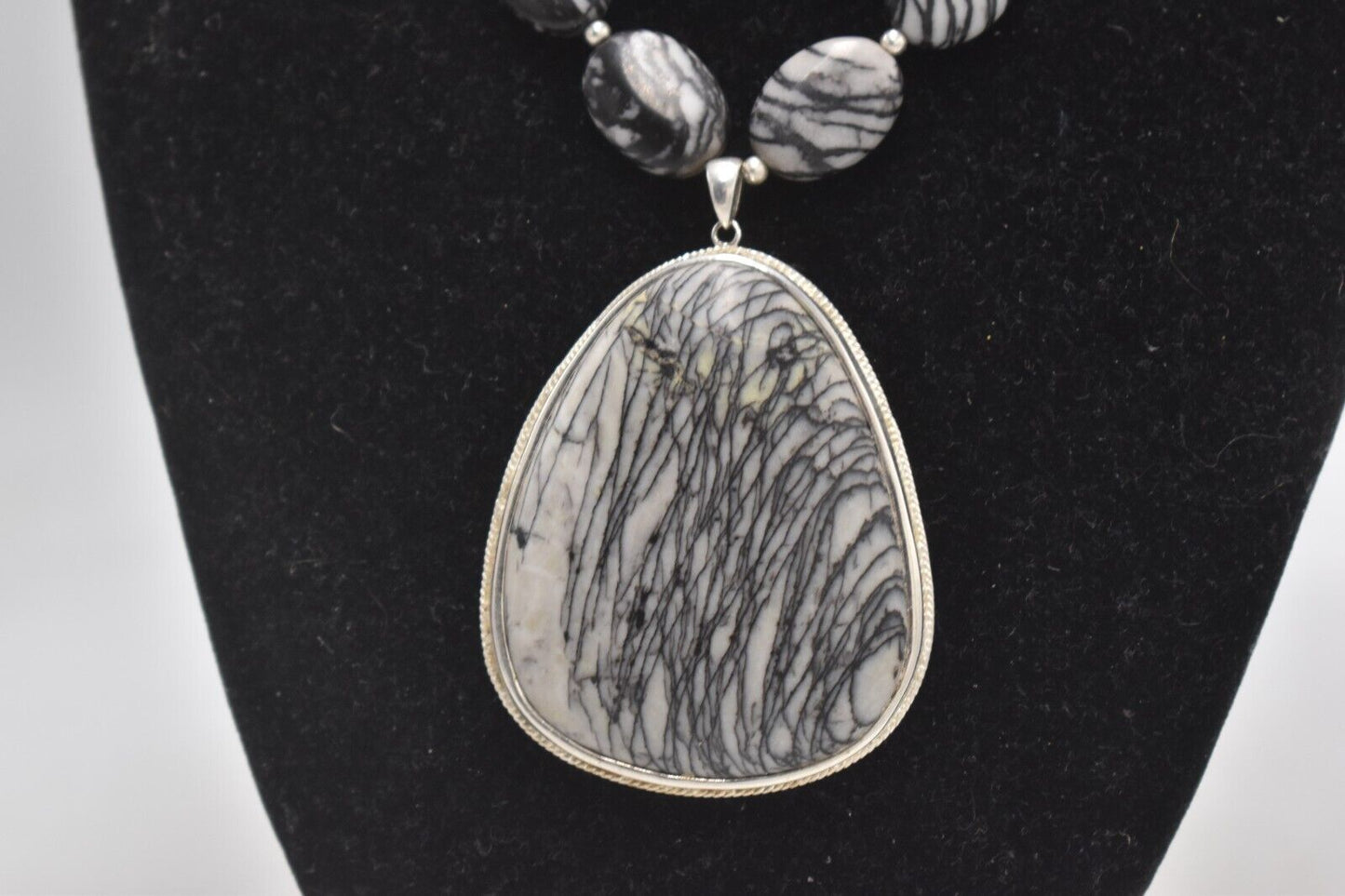 Vintage Sterling Silver 925 Picasso Spiderweb Jasper Pendant Necklace – 60cm