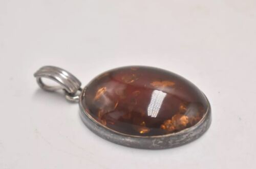 Vintage Sterling Silver 925 and Amber Modernist Oval Necklace Pendant Hallmarked