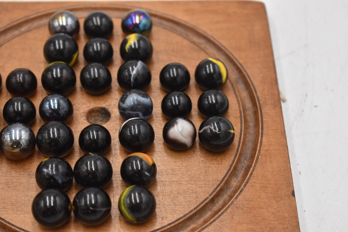 Antique Solitaire Wooden Board with Antique Hand Made Glass Marbles