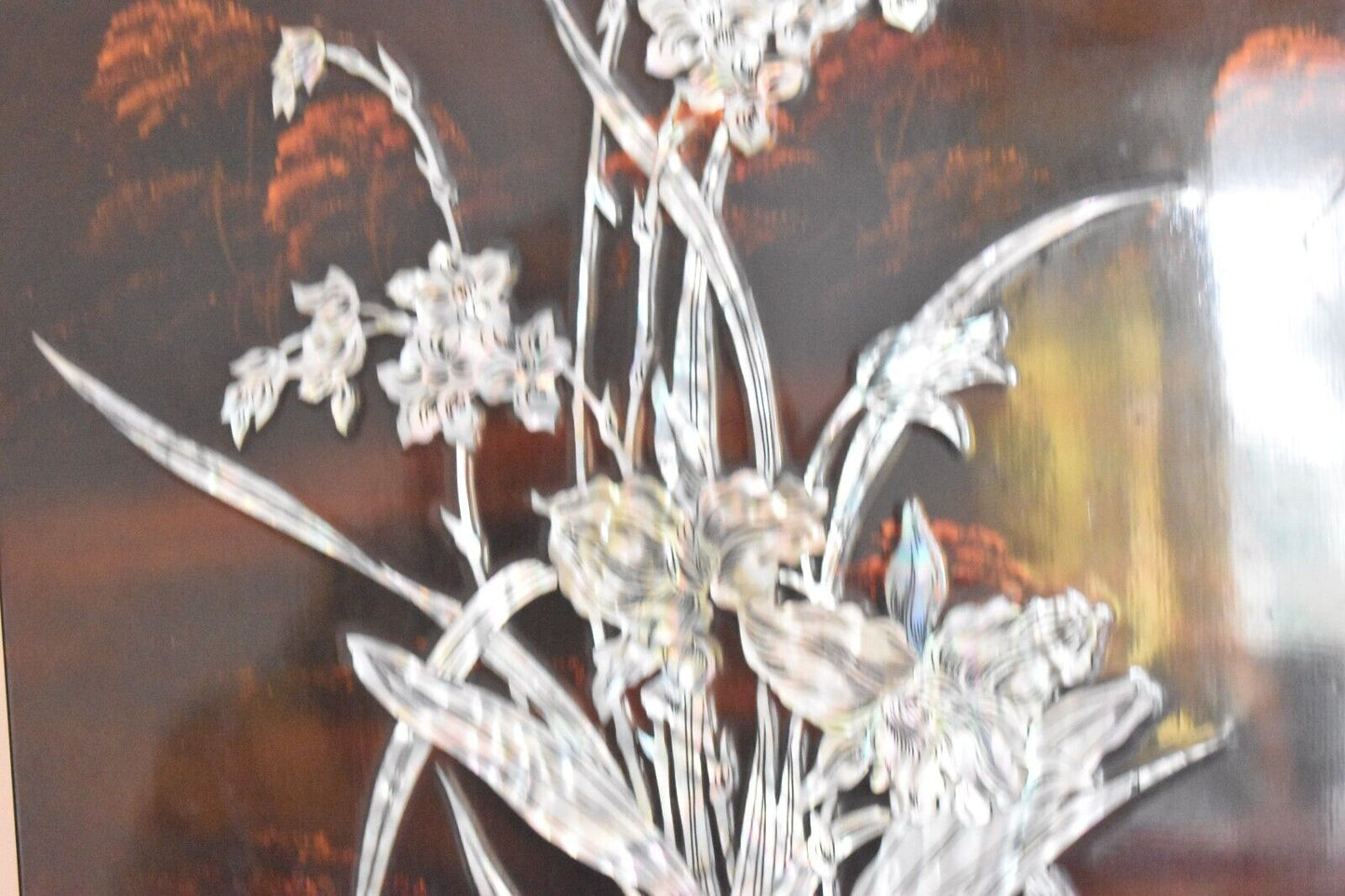 Vintage Chinese Hardwood Wall Plaque Mother of Pearl Inlay Summer Theme