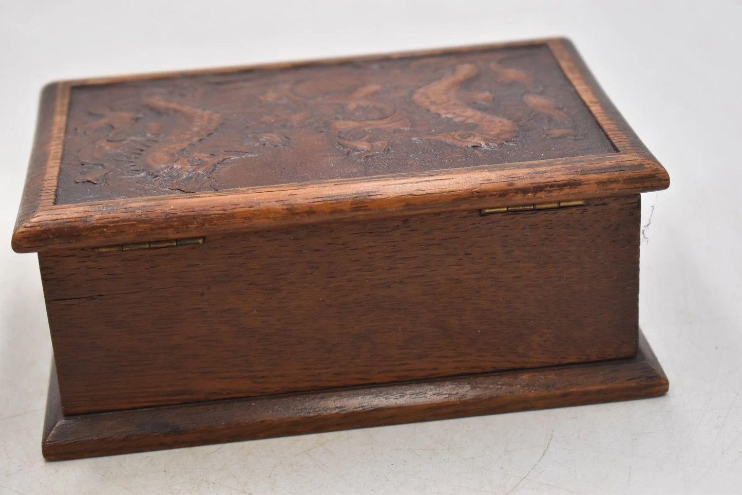 Antique Chinese Hand Carved Rosewood Seahorse Motif Trinket Storage Box 15cm