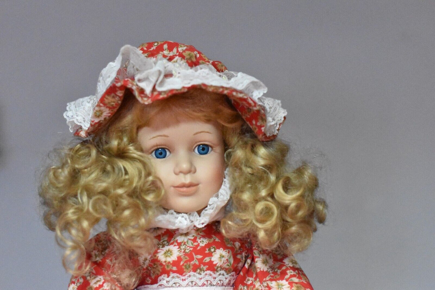 Vintage Large Lifelike Porcelain Doll – 70cm – Blonde Hair, Blue Eyes, Red Dress