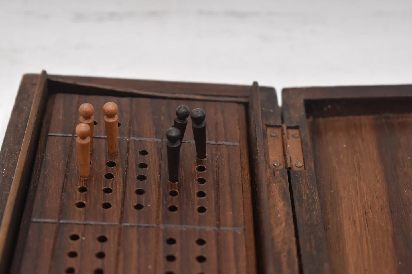 Antique Hand Carved Hardwood Cribbage Board with Storage Box