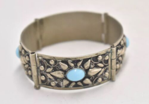 Vintage Sterling Silver and Turquoise Etruscan Revival Cuff Bangle Bracelet