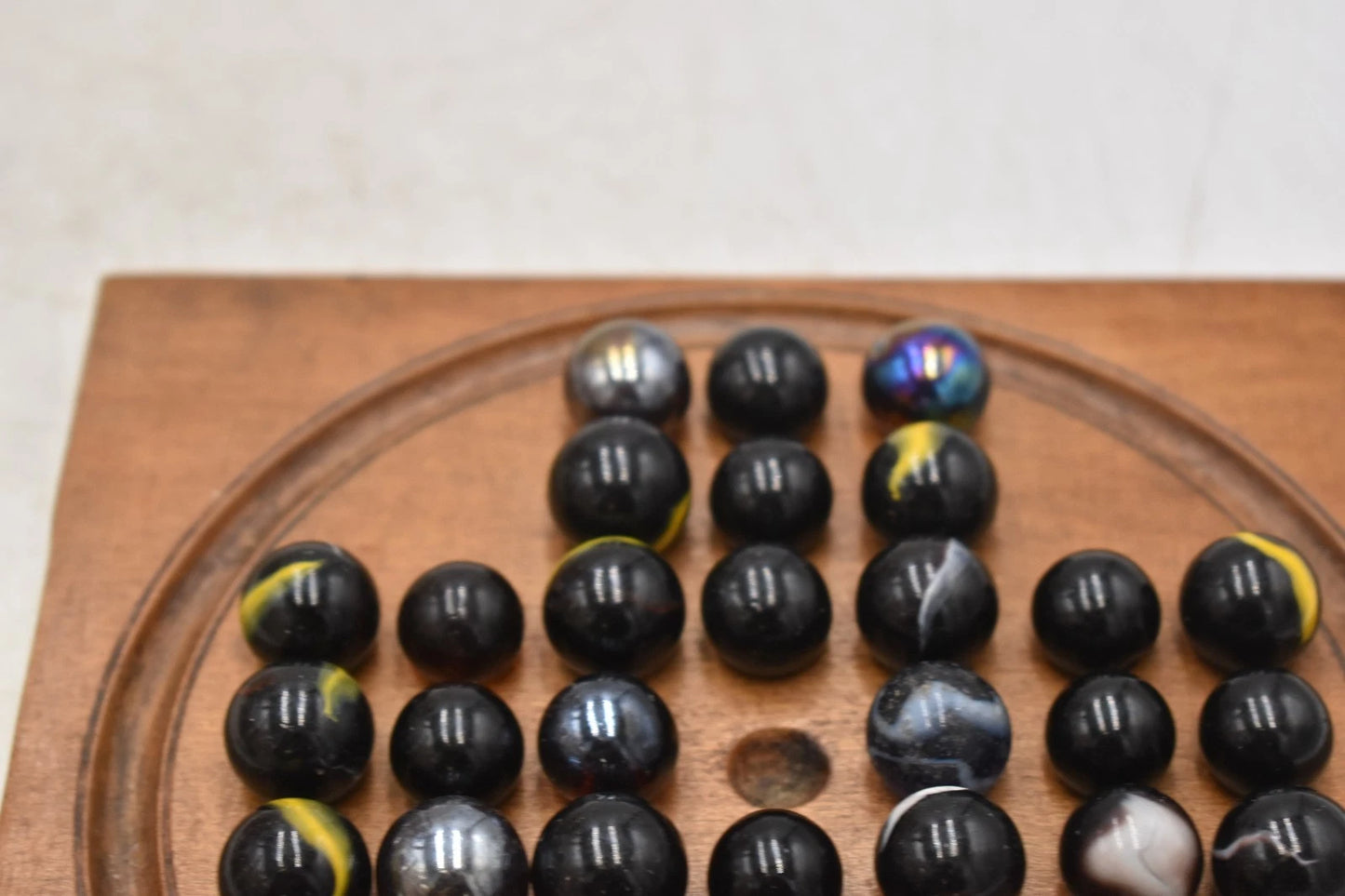 Antique Solitaire Wooden Board with Antique Hand Made Glass Marbles