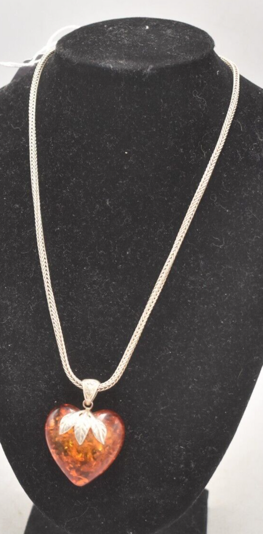 Vintage 925 Sterling Silver and Amber Heart Pendant Necklace