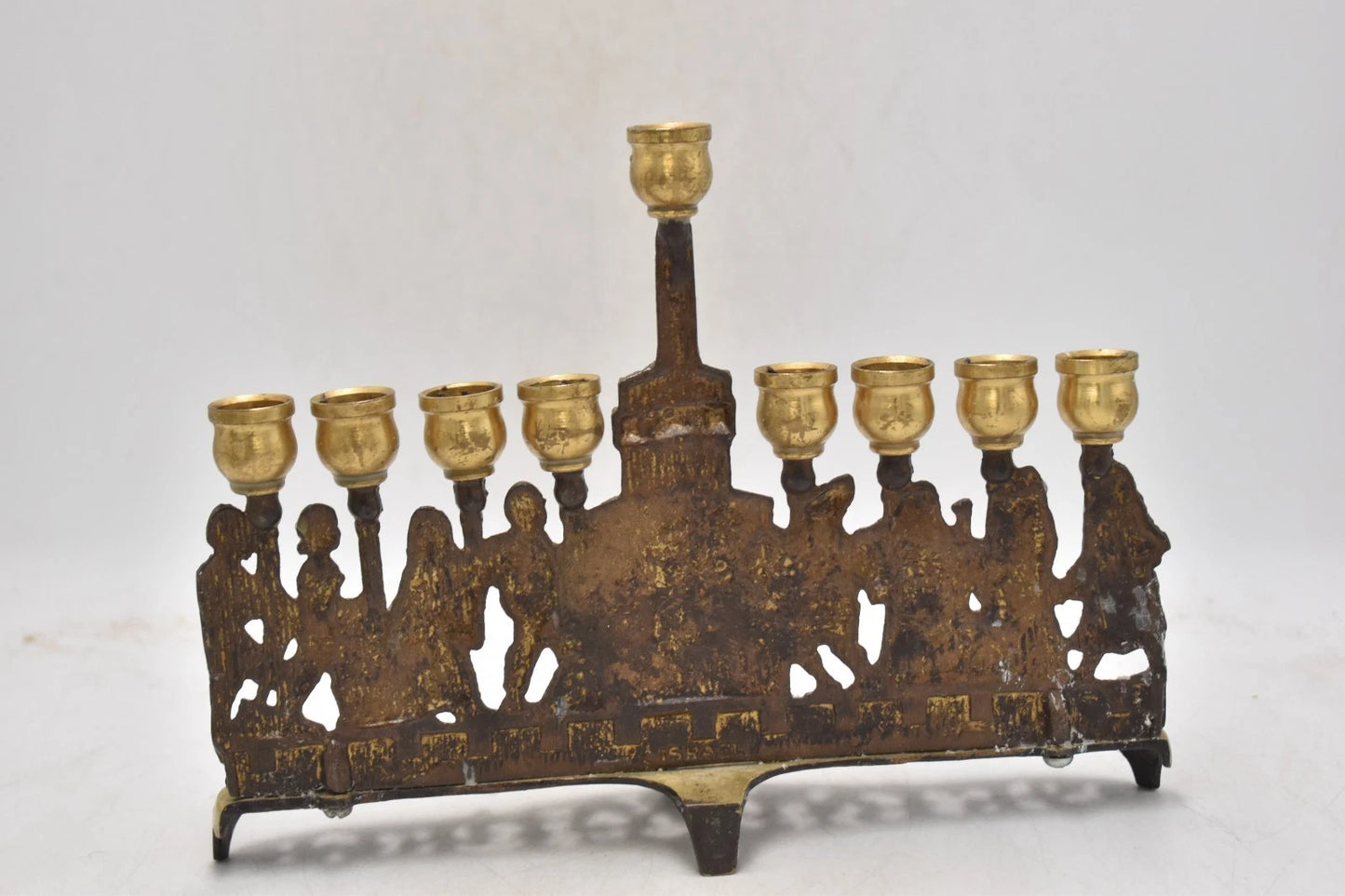 Antique Biblical Zionist Brass Hanukkah Menorah Lamp Judaica Candlestick