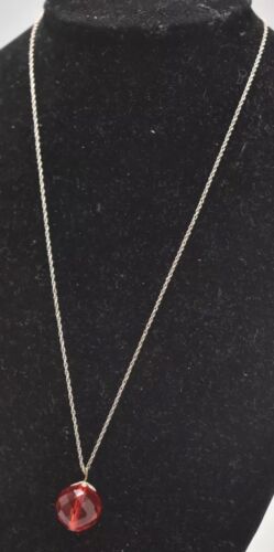 Vintage Sterling Silver 925 Necklace with Red Faceted Glass Crystal Pendant 45cm