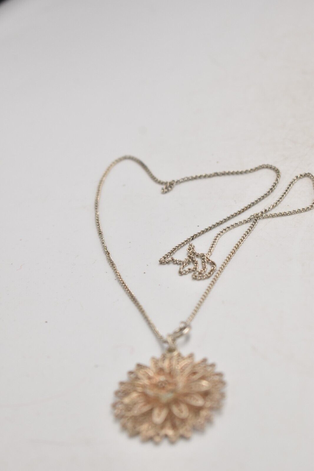 Vintage Silver Metal Filigree Flower Pendant Necklace – 62cm