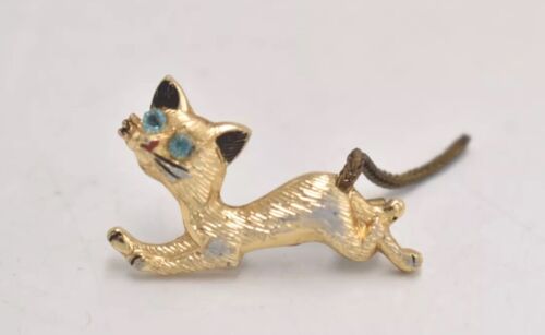 Vintage Cat Brooch Gold Tone with Topaz Blue Eyes - Costume Jewellery
