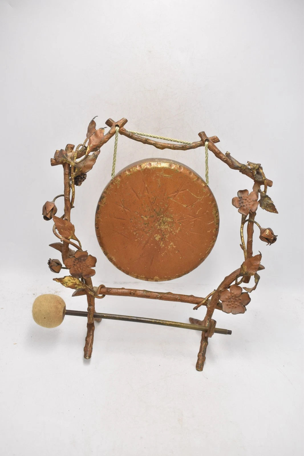 Antique Art Nouveau Brass Tabletop Dinner Gong Rose & Thorns with Striker