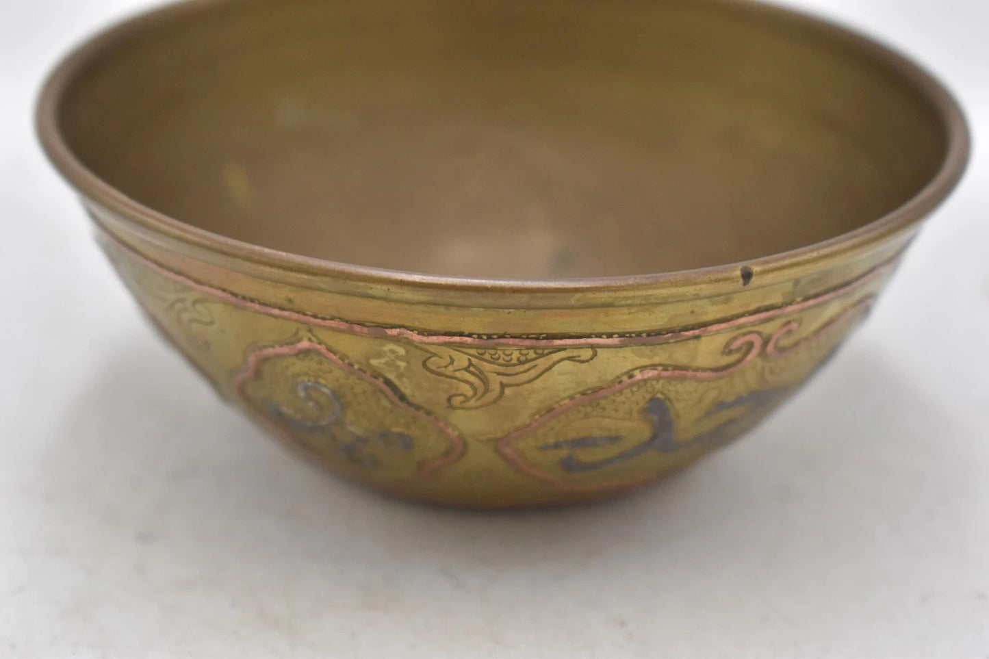 Antique Middle Eastern Arabic Brass Bowl Copper Inlay Calligraphy