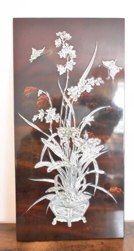 Vintage Chinese Hardwood Wall Plaque Mother of Pearl Inlay Summer Theme