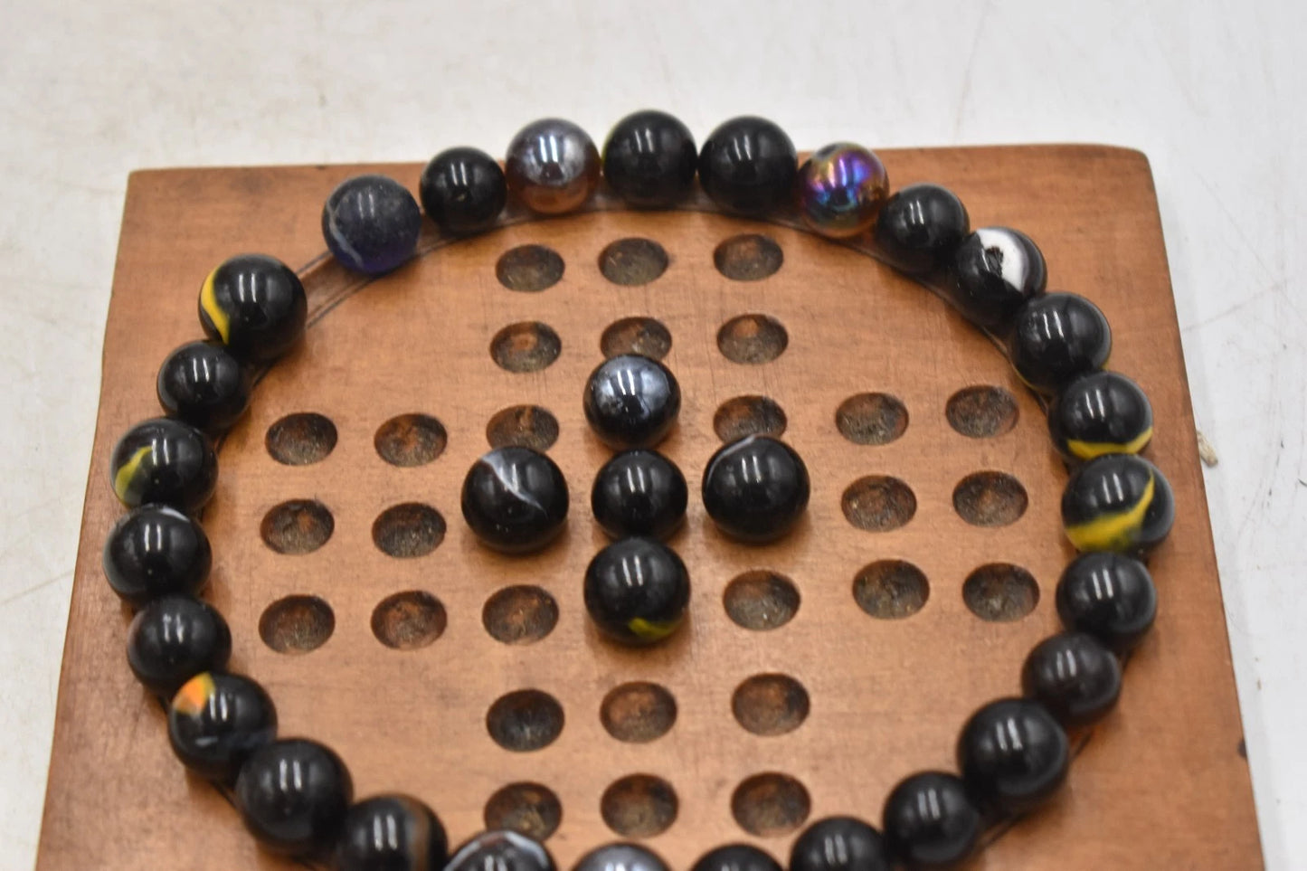 Antique Solitaire Wooden Board with Antique Hand Made Glass Marbles