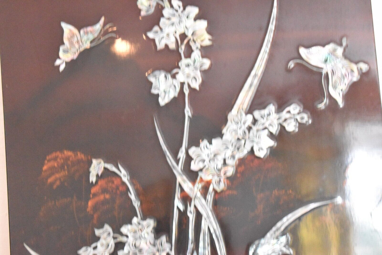 Vintage Chinese Hardwood Wall Plaque Mother of Pearl Inlay Summer Theme