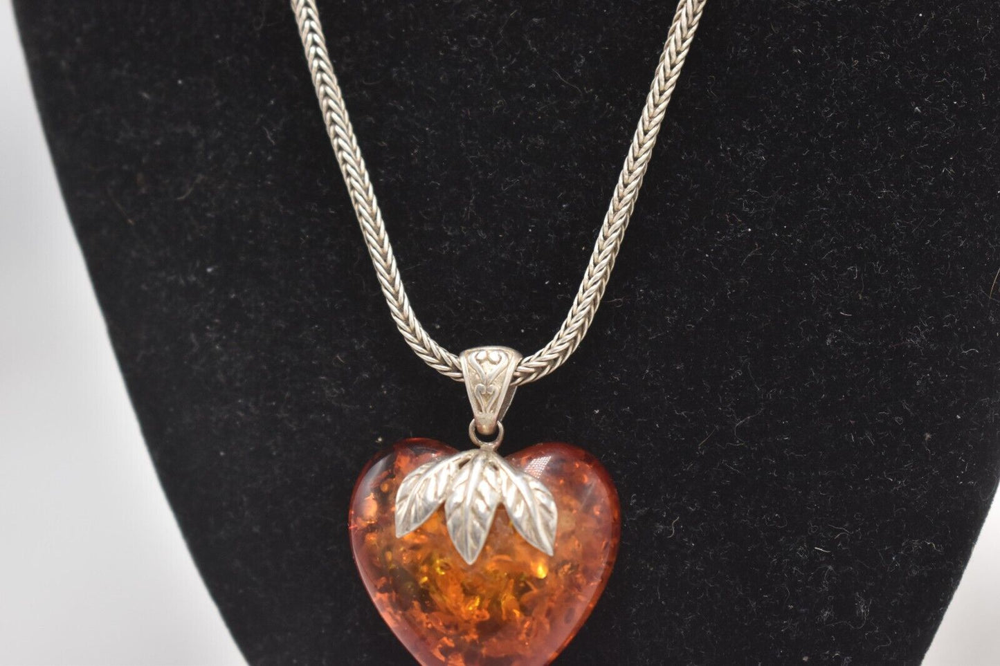 Vintage 925 Sterling Silver and Amber Heart Pendant Necklace