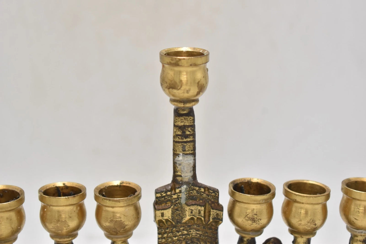 Antique Biblical Zionist Brass Hanukkah Menorah Lamp Judaica Candlestick