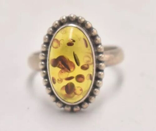 Vintage Sterling Silver 925 Amber Ring – Size S – Modernist Jewellery