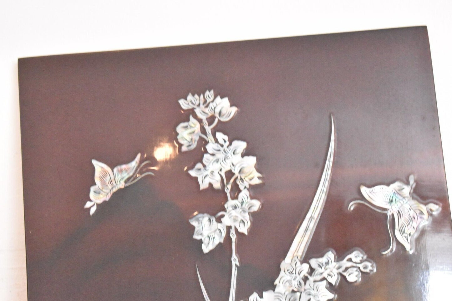 Vintage Chinese Hardwood Wall Plaque Mother of Pearl Inlay Summer Theme
